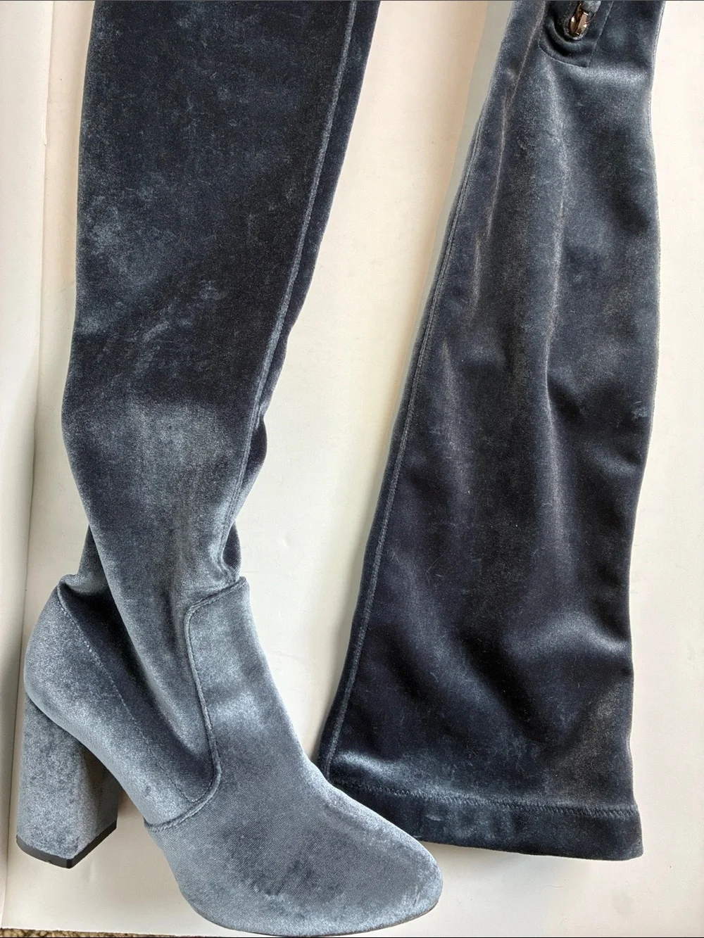 Aquazzura So Me Boots Stretch Velvet sz 36.5 Blue Gray Over The Knee Maximalist